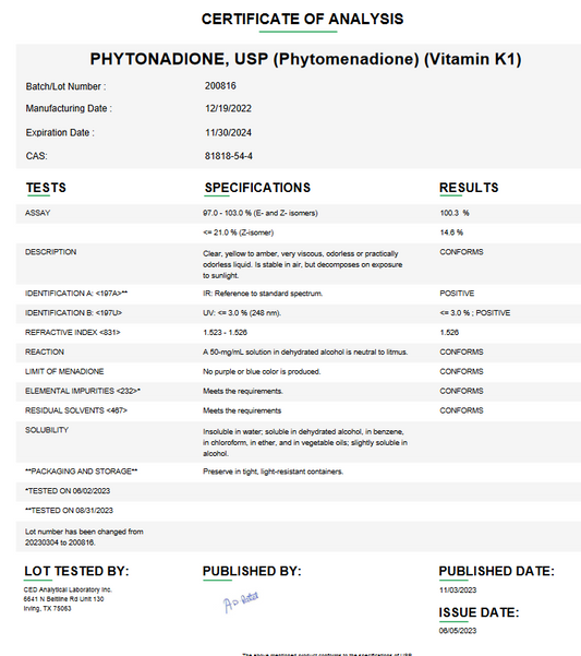 Phytonadione USP (Phytomenadione) (Vitamin K1) For Compounding (API)