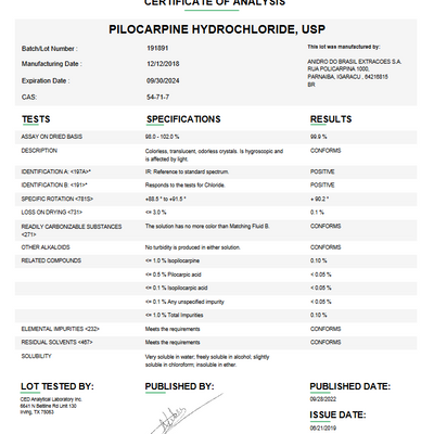 Pilocarpine Hydrochloride USP For Compounding (API)