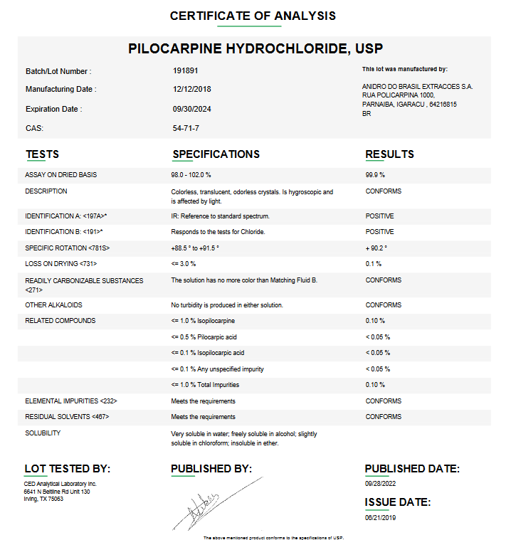 Pilocarpine Hydrochloride USP For Compounding (API)