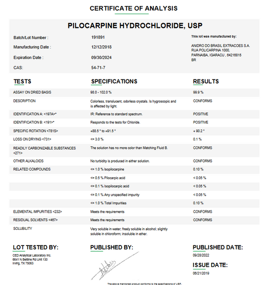 Pilocarpine Hydrochloride USP For Compounding (API)