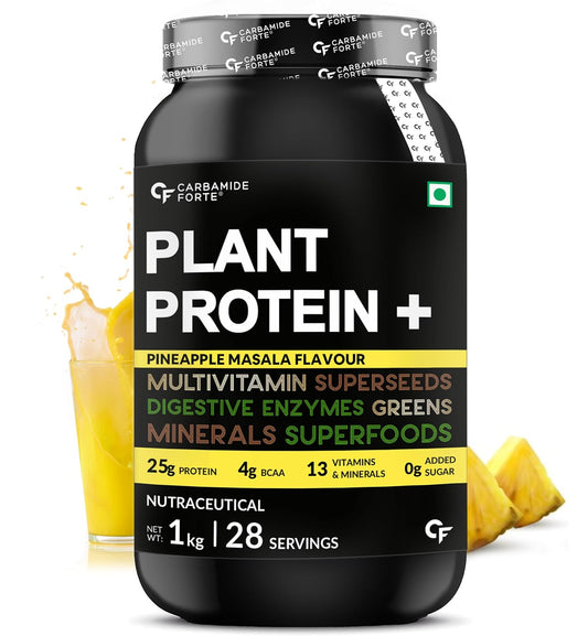 Carbamide Forte Plant Protein Powder - Plant Based Pea Protein Powder with Multivitamin, Minerals, Superfoods, Digestive Enzymes - Pineapple masala Flavour - 1Kg