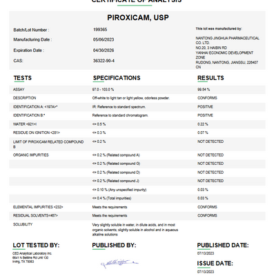 Piroxicam USP For Compounding (API)