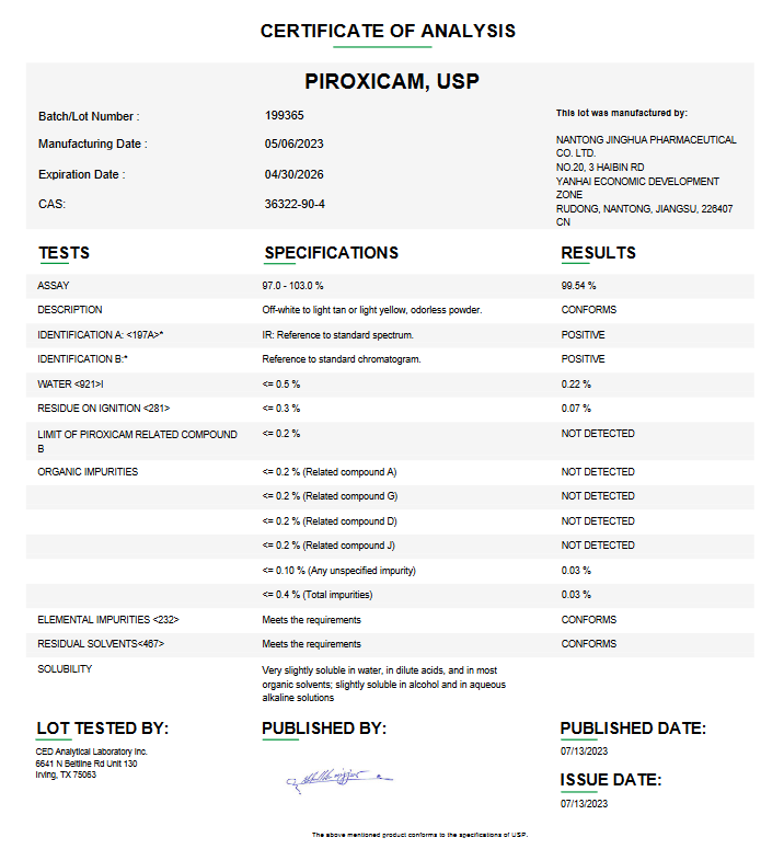 Piroxicam USP For Compounding (API)
