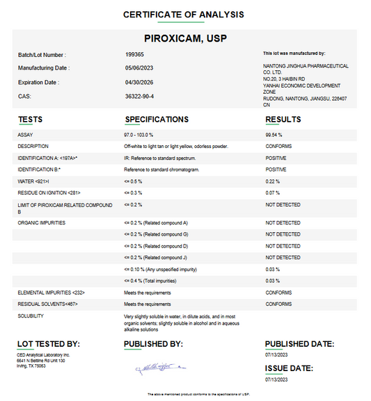 Piroxicam USP For Compounding (API)