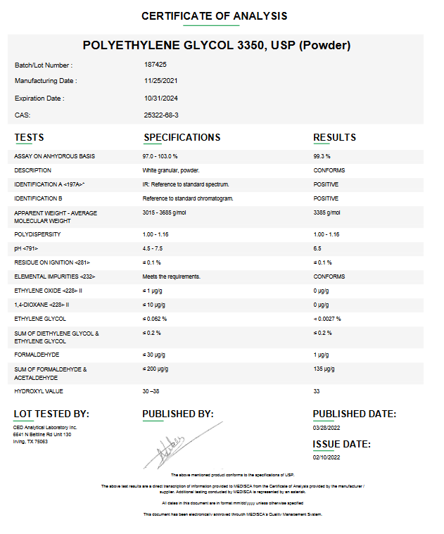 Polyethylene glycol 3350 USP (PEG-75) For Compounding (API)
