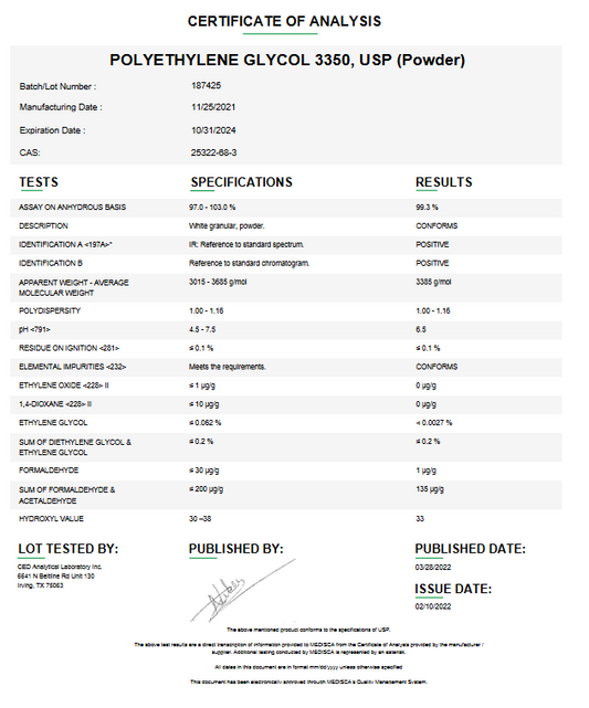 Polyethylene glycol 3350 USP (PEG-75) For Compounding (API)