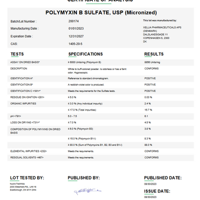 Polymyxin B Sulfate USP (Micronized) For Compounding (API)