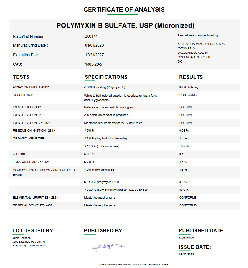 Polymyxin B Sulfate USP (Micronized) For Compounding (API)