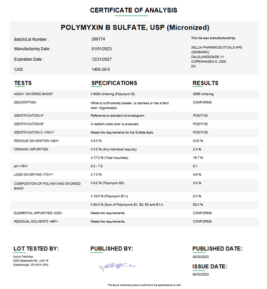 Polymyxin B Sulfate USP (Micronized) For Compounding (API)