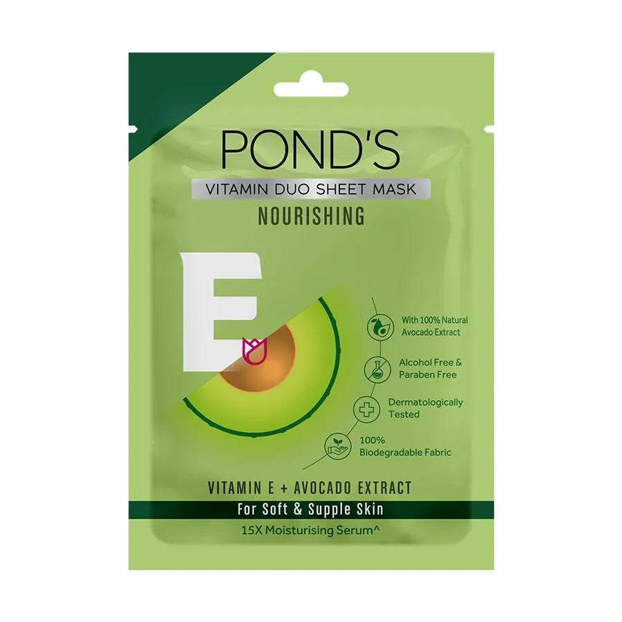 Ponds Vitamin Duo Sheet Mask Nourishing, Vitamin E + Avocado Extract, For Soft & Supple Skin (25 ml)