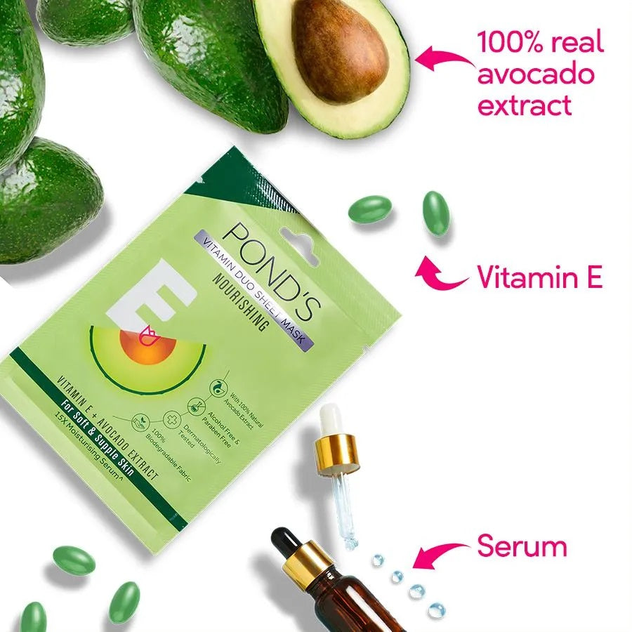 Ponds Vitamin Duo Sheet Mask Nourishing, Vitamin E + Avocado Extract, For Soft & Supple Skin (25 ml)