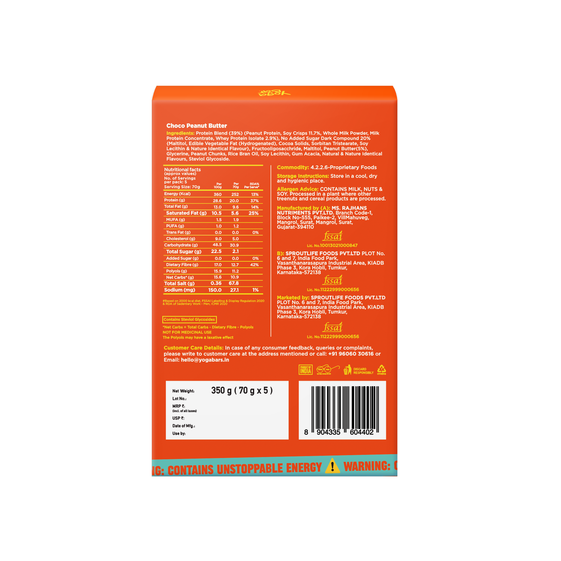 Power Up Choco Peanut Butter 20g Protein Bars - Pack of 5