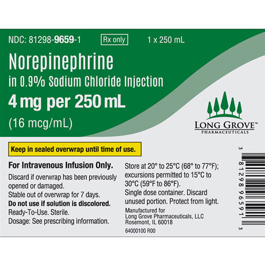 IV Bags Norepinephrine in 0.9% Sodium Chloride 4 mg/250 mL (16 mcg/mL) 10/Case (RX)