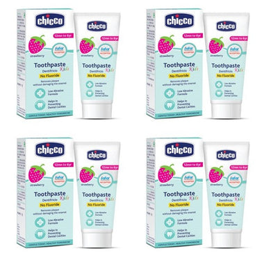 4x Chicco Toothpaste, Strawberry Flavour for 1Y to 6Y Baby, Fluoride-Free, Preservative-Free,Cavity Protection (50g each) - Pack of 4