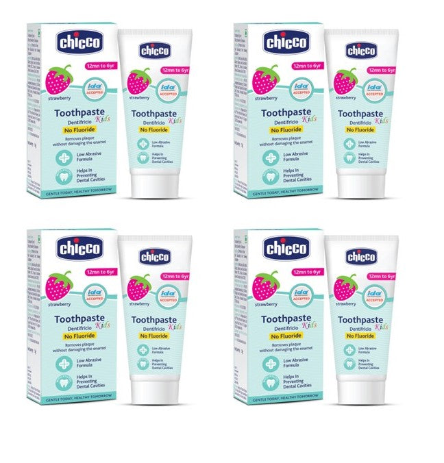 4x Chicco Toothpaste, Strawberry Flavour for 1Y to 6Y Baby, Fluoride-Free, Preservative-Free,Cavity Protection (50g each) - Pack of 4