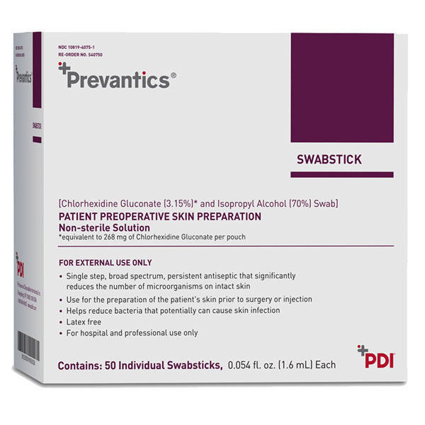 Prevantics Swabsticks with 3.15% CGH and 70% Isopropyl Preinjection & Preoperative Skin Preparation 50/Box