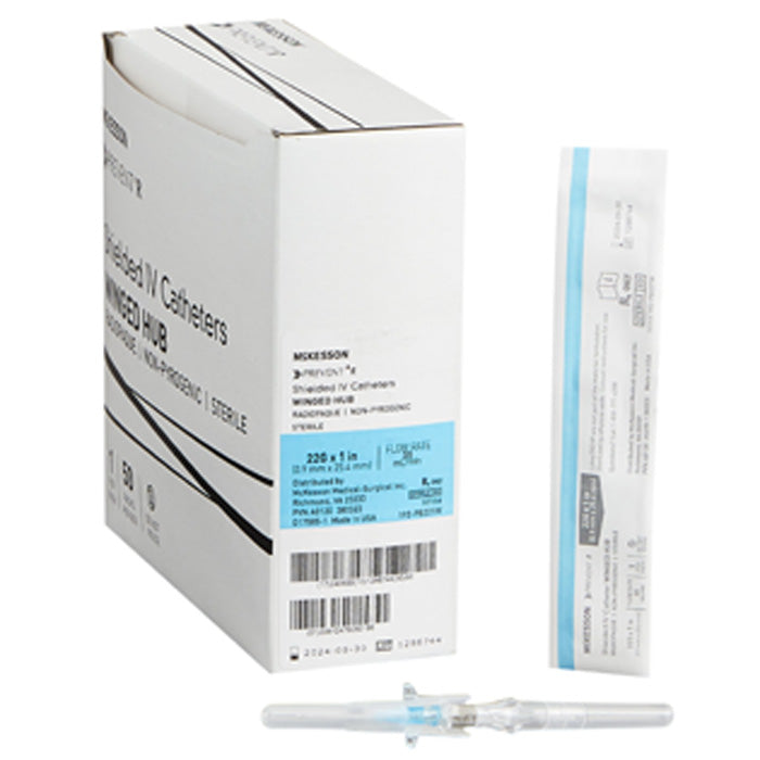 IV Catheters  22 gauge x 1" Prevent R Shielded with Button Retracting Safety Needle, 50/Box