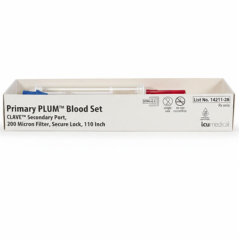 Primary PLUM Blood IV Set, Secondary Port, 200 Micron Filter, Secure Lock, 110 inches Long 48/Case