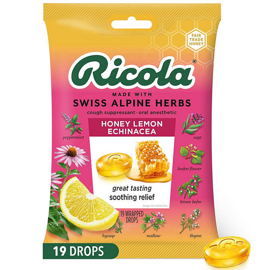 Ricola Cough Drops Suppressant Made with Swiss Alpine Herbs, Honey Lemon Echinacea Flavor 19/Bag