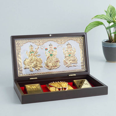 Golden Peacock 24 KT Gold-Polished Laxmi, Ganesha, Saraswati Pooja Box