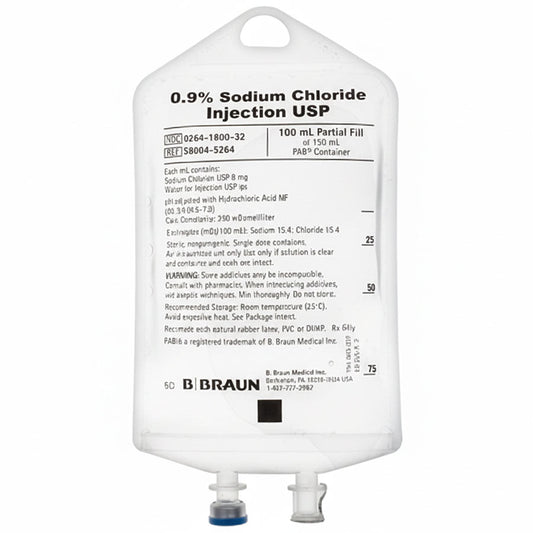 Sodium Chloride 0.9% IV Bag 100/150mL Partial Additive Bag Container by B Braun, PVC & DEHP Free 64/Case