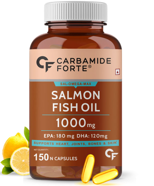 Carbamide Forte Omega 3 fish oil capsules | Salmon Fish Oil Omega 3 Capsule 1000mg | Omega 3 supplement with Omega 3 Fatty Acid , EPA 180 mg & DHA 120 mg | Fish Oil Omega 3 for Heart, Joints, Bones & Skin | 150 Omega 3 Capsules