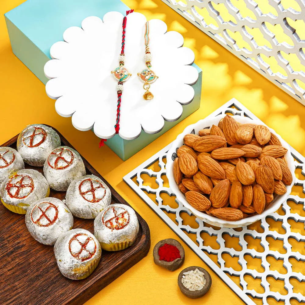 Babla Rakhi Bhiya-Bhabhi Rakhi With Rajwadi Laduu And Almonds