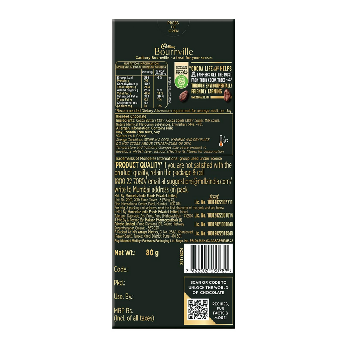 Cadbury Bournville Rich Cocoa 70% Dark Chocolate Bar