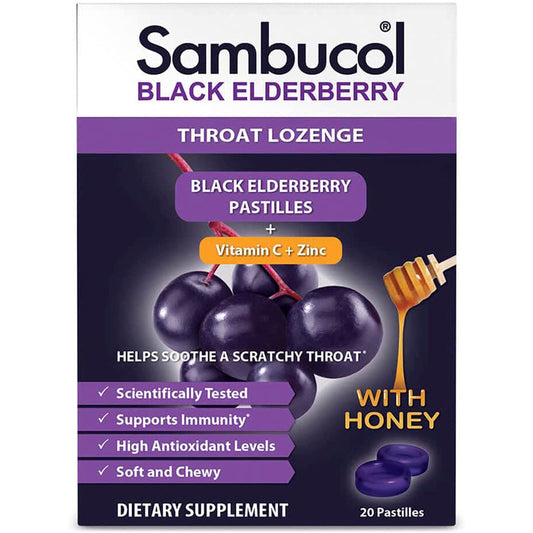 Sambucol Black Elderberry Throat Lozenges Pastilles with Vitamin C & Zinc, 20 Count