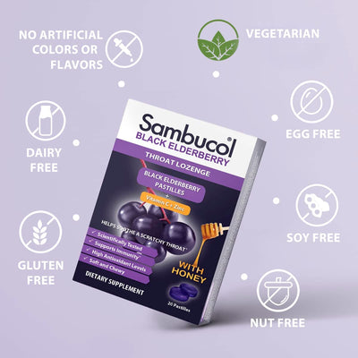 Sambucol Black Elderberry Throat Lozenges Pastilles with Vitamin C & Zinc, 20 Count