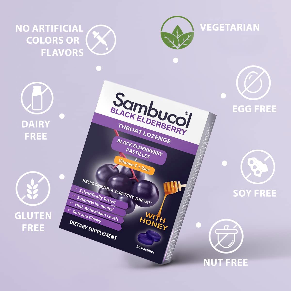 Sambucol Black Elderberry Throat Lozenges Pastilles with Vitamin C & Zinc, 20 Count