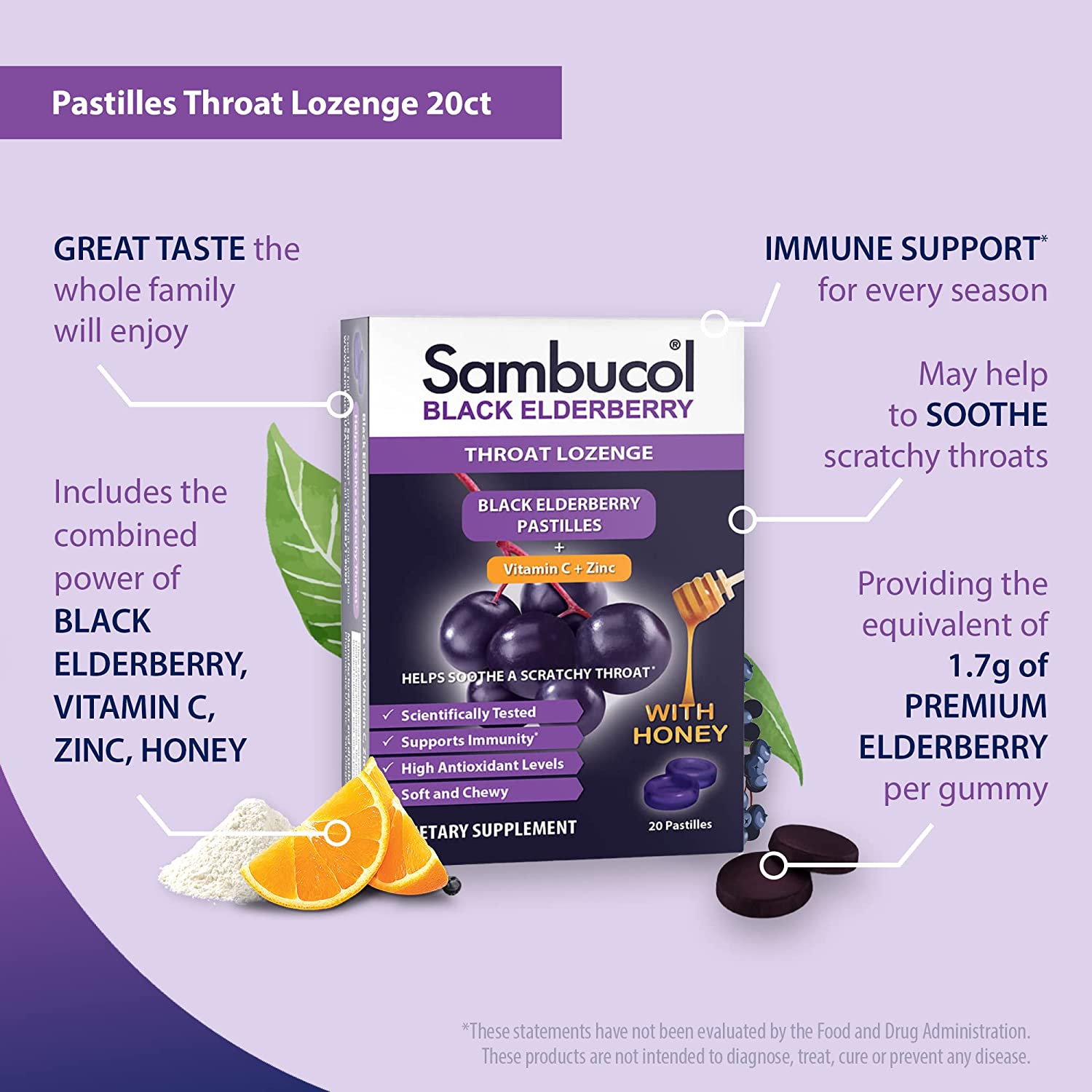 Sambucol Black Elderberry Throat Lozenges Pastilles with Vitamin C & Zinc, 20 Count