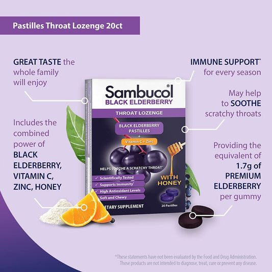 Sambucol Black Elderberry Throat Lozenges Pastilles with Vitamin C & Zinc, 20 Count
