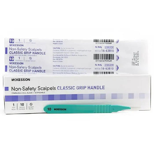 Surgical Scalpel Stainless Steel Blade with Plastic Classic Grip Handle, Sterile 10/Box