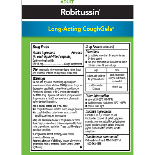 Robitussin Long-Acting CoughGels, 20 Liqui-gel Capsules