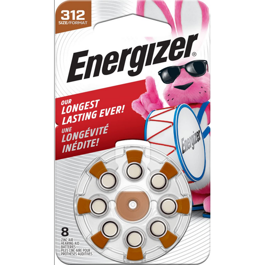 Energizer Hearing Aid Batteries Size 312 Brown Tab, 8 Batteries