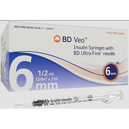 BD Insulin Syringes 31 Gauge x 1/2" with Ultra-Fine Needle 6mm Sterile (10-Packs) 100/box