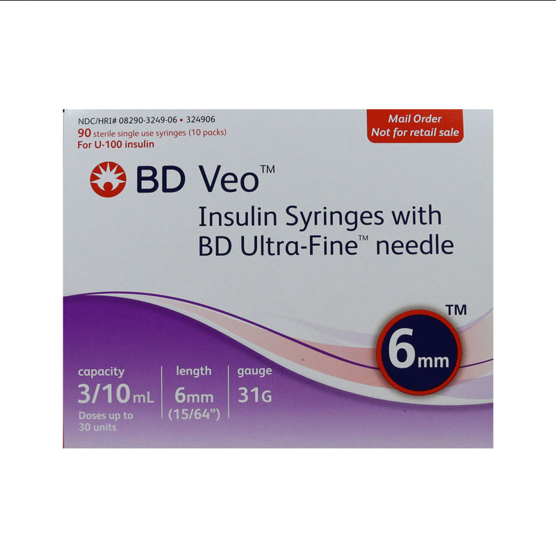 BD Insulin Syringes 31 gauge x 3/10 mL Ultra-Fine Needle 6mm, Sterile 90/box