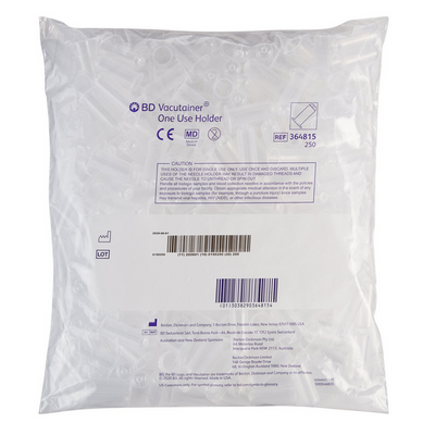 BD 364815 Vacutainer Clear Single-Use Tube Holder, 250/pk