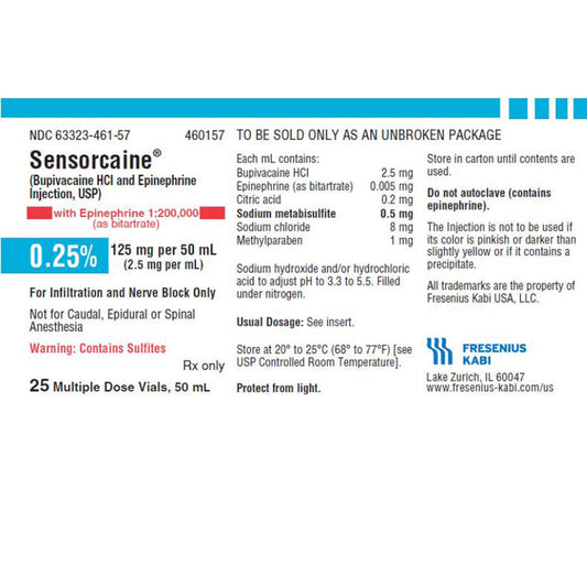Sensorcaine (Bupivacaine HCL) 0.25% with Epinephrine 1:200,000 (as bitartrate) Multi-Dose 50 mL Vials x 25/Tray