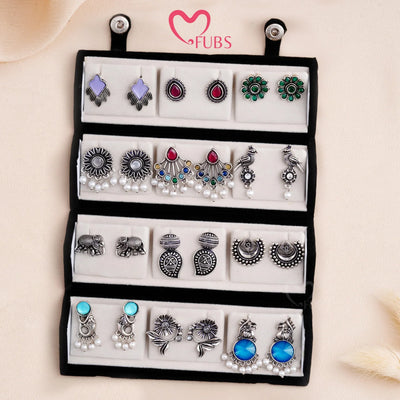 Set Of 12 Oxidized Designers Studs Earrings With Folding Jewelry Box| Special Edition