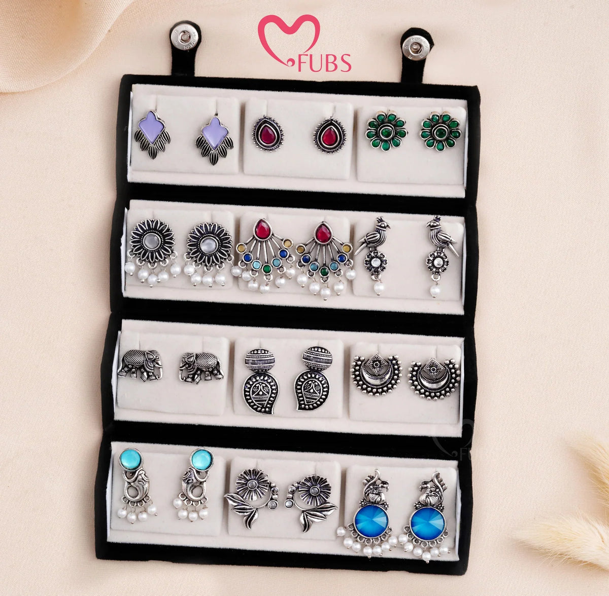 Set Of 12 Oxidized Designers Studs Earrings With Folding Jewelry Box| Special Edition