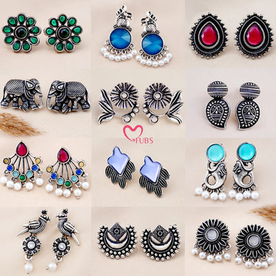 Set Of 12 Oxidized Designers Studs Earrings With Folding Jewelry Box| Special Edition