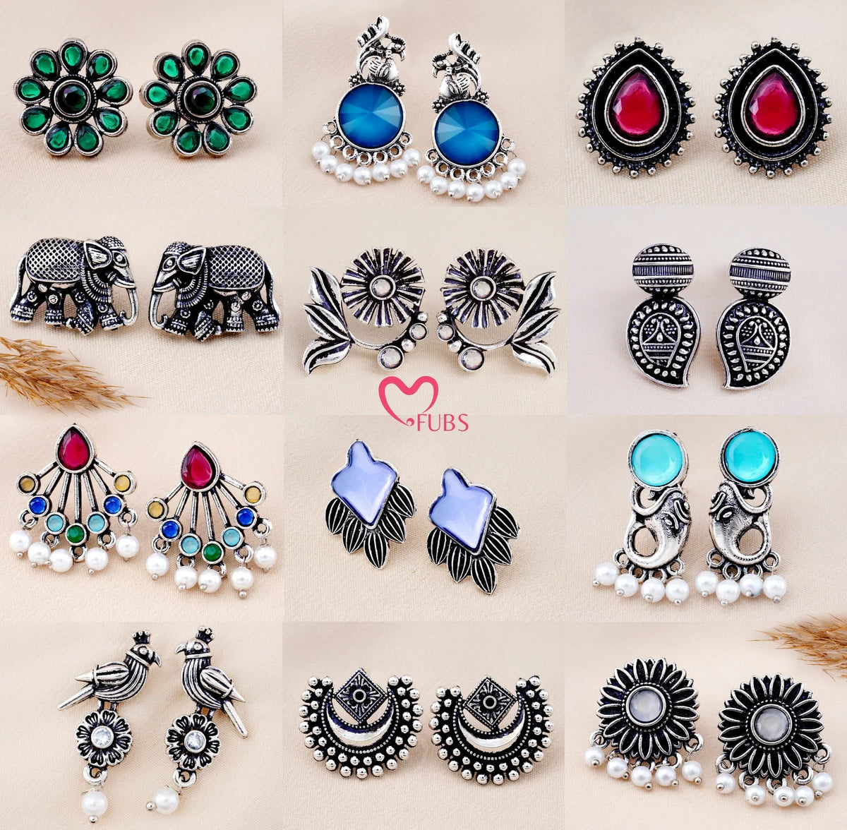 Set Of 12 Oxidized Designers Studs Earrings With Folding Jewelry Box| Special Edition