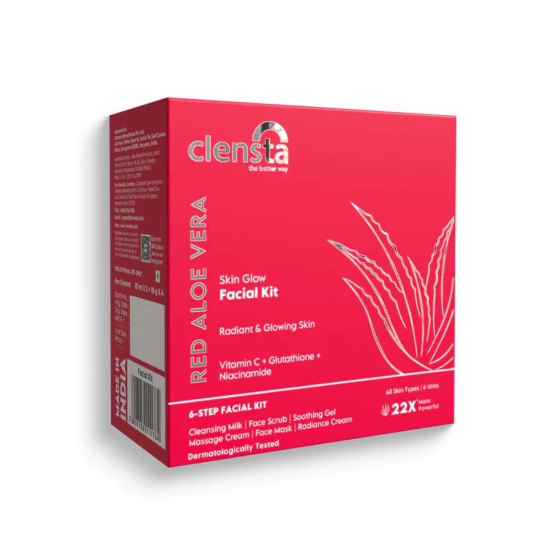 Clensta red aloe vera skin glow facial kit ( 6 units ) radiant & glowing skin vitamin c + glutathione + niacinamide  6 step facial kit