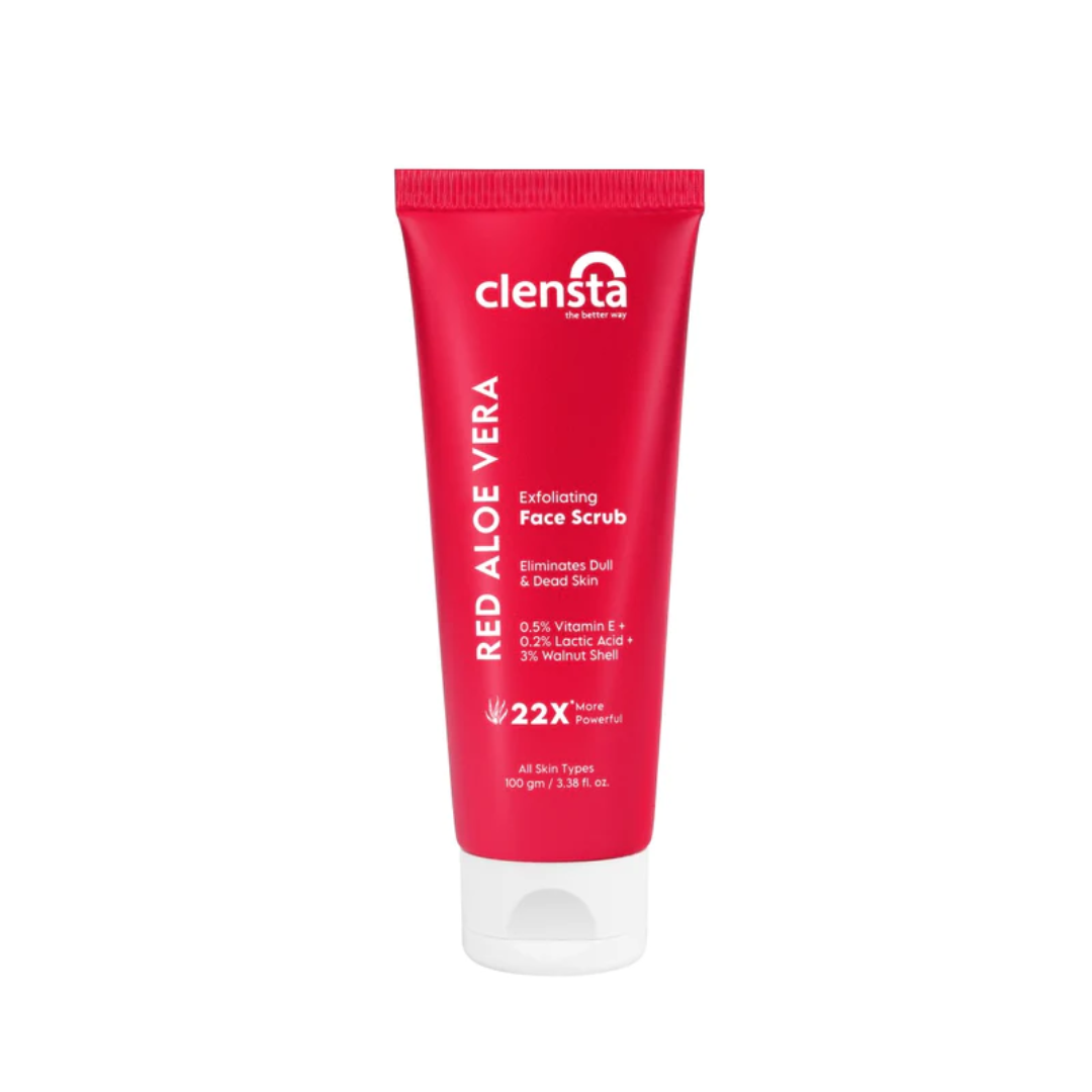 Clensta red aloe vera exfoliating face scrub 100gm - 0.5% vitamin E+0.2% lactic acid+3% walnut shell 22x more powerfull