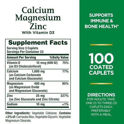 Calcium Magnesium Zinc with Vitamin D3 Tablets by Nature's Bounty 100 Count