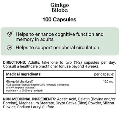 Ginkgo Biloba 120mg For Enhanced Cognitive Function and Memory Health 100 Capsules