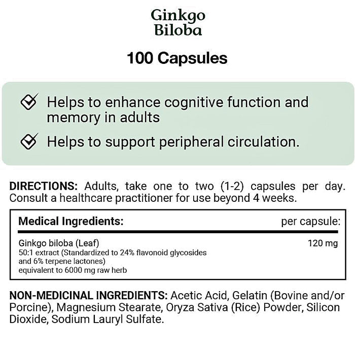 Ginkgo Biloba 120mg For Enhanced Cognitive Function and Memory Health 100 Capsules