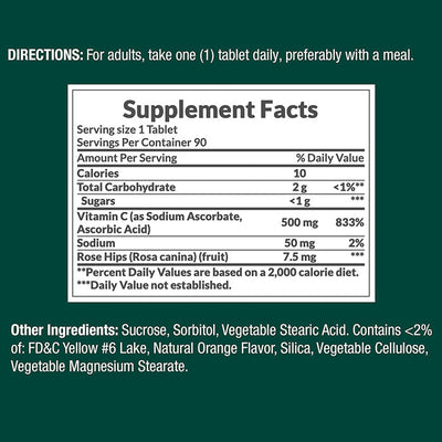 Vitamin C 500 mg with Rose Hips Chewable Tablets, Orange Flavor 90 Count